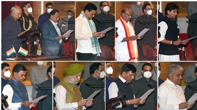 President Ram Nath Kovind administers the oath of office and secrecy to members of the Council of Ministers during the swearing ceremony as part of Union Cabinet expansion, at Rashtrapati Bhavan in New Delhi on Wednesday. (ANI) President Ram Nath Kovind administers the oath of office and secrecy to members of the Council of Ministers during the swearing ceremony as part of Union Cabinet expansion, at Rashtrapati Bhavan in New Delhi on Wednesday. (ANI)