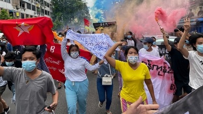 Students protest in Yangon against the Myanmar military. (AP) Students protest in Yangon against the Myanmar military. (AP)