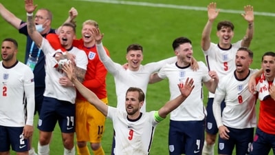 England's Harry Kane, center, and his teammates celebrate. (AP) England's Harry Kane, center, and his teammates celebrate. (AP)
