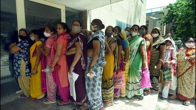 Women queue up for Covid-19 vaccination at Sector 30 district hospital in Noida on Tuesday, July 6. (Sunil Ghosh / HT photo) Women queue up for Covid-19 vaccination at Sector 30 district hospital in Noida on Tuesday, July 6. (Sunil Ghosh / HT photo)