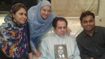 AR Rahman, who's birth name was Dilip Kumar, had visited the actor as well. The music composer and his wife posed with Dilip and Saira in this picture.  