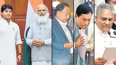 Of these, 36 are new to the council of ministers; seven are ministers of state (including some ministers of state with independent charge) that have been promoted. Of the 43, seven are women and all are new to the council. (HT Photo) Of these, 36 are new to the council of ministers; seven are ministers of state (including some ministers of state with independent charge) that have been promoted. Of the 43, seven are women and all are new to the council. (HT Photo)