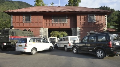 Leaders of different political parties arrive to meet with members of Delimitation Commission, in Srinagar, Tuesday, July 6, 2021. (PTI)