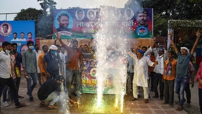 Lok Janshakti Party supporters celebrate the inclusion of party president Pashupati Kumar Paras in the new Union Cabinet, in Patna, Wednesday, July 7, 2021. (PTI) Lok Janshakti Party supporters celebrate the inclusion of party president Pashupati Kumar Paras in the new Union Cabinet, in Patna, Wednesday, July 7, 2021. (PTI)