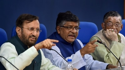 Former Union Ministers Ravi Shankar Prasad, Prakash Javadekar and Santosh Gangwar address a press briefing on cabinet decisions, in New Delhi. (PTI) Former Union Ministers Ravi Shankar Prasad, Prakash Javadekar and Santosh Gangwar address a press briefing on cabinet decisions, in New Delhi. (PTI)