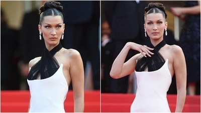 Bella Hadid in vintage black and white Jean Paul Gaultier gown makes heads turn (Instagram/@jeanpaulgaultier, @chromeheartbells) Bella Hadid in vintage black and white Jean Paul Gaultier gown makes heads turn (Instagram/@jeanpaulgaultier, @chromeheartbells)