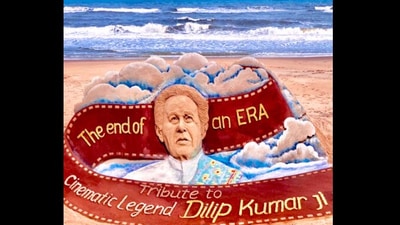 The image shows the sand art dedicated to late actor Dilip Kumar. (Twitter/@sudarsansand) The image shows the sand art dedicated to late actor Dilip Kumar. (Twitter/@sudarsansand)