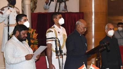 Kaushal Kishore takes oath as minister of state during the swearing-in ceremony at Rashtrapati Bhawan, in New Delhi on Wednesday. (HT Photo) Kaushal Kishore takes oath as minister of state during the swearing-in ceremony at Rashtrapati Bhawan, in New Delhi on Wednesday. (HT Photo)