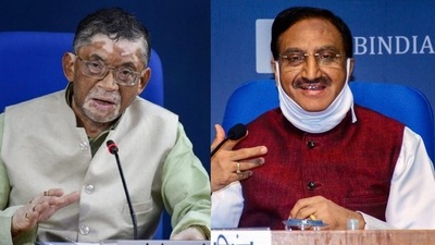 Union labour minister Santosh Gangwar (L) and Union education minister Ramesh Pokhriyal both stepped down from the Union cabinet today, hours ahead of the rejig. (File Photo) Union labour minister Santosh Gangwar (L) and Union education minister Ramesh Pokhriyal both stepped down from the Union cabinet today, hours ahead of the rejig. (File Photo)