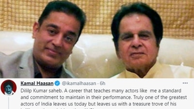 Kamal Haasan: He shared a picture of himself with Dilip Kumar on Twitter and captioned it, "Dililp Kumar saheb. A career that teaches many actors like me a standard and commitment to maintain in their performance. Truly one of the greatest actors of India leaves us today but leaves us with a treasure trove of his brilliance through his acting." (Twitter/@ikamalhaasan)