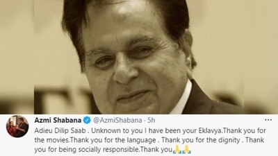 Shabana Azmi: Bidding goodbye to the legendary actor, Shabana Azmi took to her Twitter handle to share a picture of Dilip Kumar and wrote, "Adieu Dilip Saab . Unknown to you I have been your Eklavya.Thank you for the movies.Thank you for the language . Thank you for the dignity . Thank you for being socially responsible.Thank you." (Twitter/@AzmiShabana)