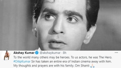 Akshay Kumar: "To the world many others may be heroes. To us actors, he was The Hero. #DilipKumar Sir has taken an entire era of Indian cinema away with him. My thoughts and prayers are with his family. Om Shanti," Bollywood actor Akshay Kumar tweeted along with a black and white picture of Dilip Kumar. (Twitter/@akshaykumar)