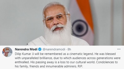 Prime Minister of India, Narendra Modi: "Dilip Kumar Ji will be remembered as a cinematic legend. He was blessed with unparalleled brilliance, due to which audiences across generations were enthralled. His passing away is a loss to our cultural world. Condolences to his family, friends and innumerable admirers. RIP," PM Modi tweeted. (File image)