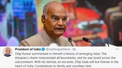 President of India, Ram Nath Kovind: "Dilip Kumar summarised in himself a history of emerging India. The thespian’s charm transcended all boundaries, and he was loved across the subcontinent. With his demise, an era ends. Dilip Saab will live forever in the heart of India. Condolences to family and countless fans," Kovind tweeted. (File image)
