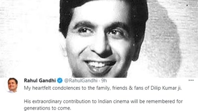 Rahul Gandhi: Sharing a picture of Dilip Kumar, Rahul Gandi wrote, "My heartfelt condolences to the family, friends &amp; fans of Dilip Kumar ji. His extraordinary contribution to Indian cinema will be remembered for generations to come." (Twitter/@RahulGandhi)