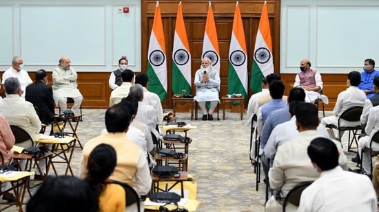 Prime Minister Narendra Modi meets BJP MPs ahead of cabinet expansion, at Lok Kalyan Marg in New Delhi on Wednesday. (ANI Photo) Prime Minister Narendra Modi meets BJP MPs ahead of cabinet expansion, at Lok Kalyan Marg in New Delhi on Wednesday. (ANI Photo)