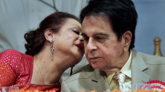 In this Friday, May 4, 2012 file image Bollywood veteran actor Dilip Kumar with wife Saira Banu during the 14th SIES Sri Chandrasekarendra Saraswati National Eminence Awards in Mumbai on Friday evening. The legendary actor passed away Wednesday morning in Mumbai after a prolonged illness. He was 98.(PTI)