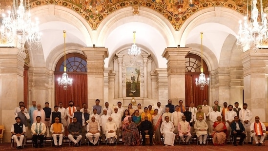 President of India Ram Nath Kovind, Prime Minister Narendra Modi with newly inducted ministers.(SOURCED)