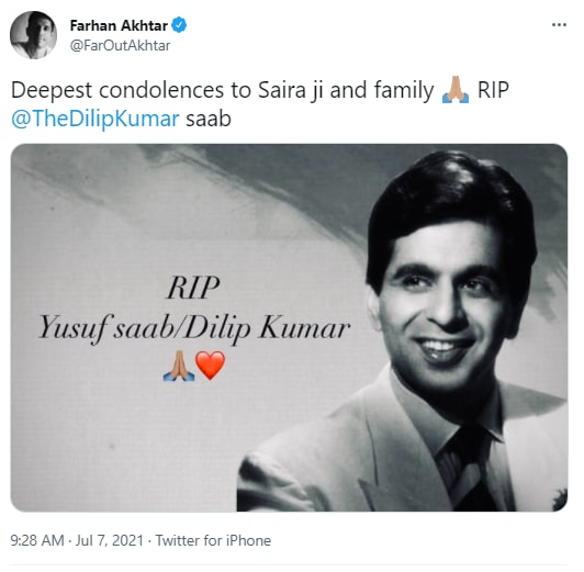 Farhan Akhtar condoled Dilip Kumar's death.