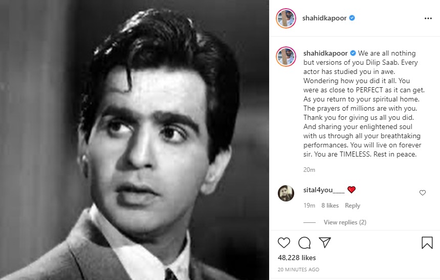 Shahid Kapoor shared a picture of the late actor with a note.