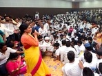 YS Sharmila addresses the party workers after launching the YSSR website at the party office, in Hyderabad. (ANI Photo) YS Sharmila addresses the party workers after launching the YSSR website at the party office, in Hyderabad. (ANI Photo)