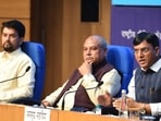 Union Minister for Information and Broadcasting Anurag Singh Thakur, Union Minister for Agriculture Narendra Singh Tomar and Union Minister for Health and Family Welfare Mansuskh Mandaviya during a press conference on the cabinet meeting after the reshuffle, at National Media Centre, in New Delhi, India, on Thursday, July 8, 2021. 
