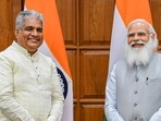 Bhupender Yadav with Prime Minister Narendra Modi before taking oath on Wednesday, July 7. (PTI) Bhupender Yadav with Prime Minister Narendra Modi before taking oath on Wednesday, July 7. (PTI)