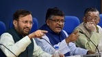 Union Ministers Ravi Shankar Prasad, Prakash Javadekar and Santosh Gangwar address a press briefing on cabinet decisions, in New Delhi. (PTI)