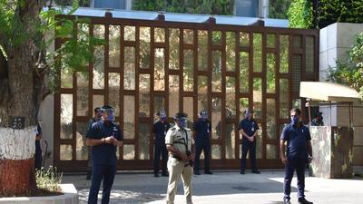 Police personnel outside Antilia after explosives were found in an abandoned car in its vicinity, in Mumbai on February 26. (HT file) Police personnel outside Antilia after explosives were found in an abandoned car in its vicinity, in Mumbai on February 26. (HT file)