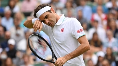 Switzerland's Roger Federer reacts during his quarter-final match against Poland's Hubert Hurkacz. (REUTERS)