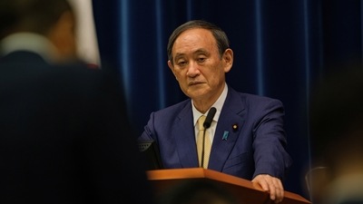 Japan's Prime Minister Yoshihide Suga speaks during a news conference at the prime minister's official residence, as the government declares a coronavirus disease (COVID-19) state of emergency in Tokyo. (REUTERS)