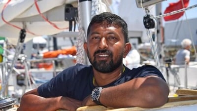 Abhilash Tomy poses on his boat Thuriya ahead of the solo around-the-world sailing race for the Golden Globe Race in 2018. (File photo) Abhilash Tomy poses on his boat Thuriya ahead of the solo around-the-world sailing race for the Golden Globe Race in 2018. (File photo)