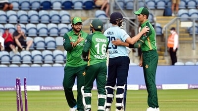 England's Dawid Malan, 2nd right, reacts with Pakistan's Shaheen Shah Afridi, right, after England wins against Pakistan during their first one-day international cricket match. (AP) England's Dawid Malan, 2nd right, reacts with Pakistan's Shaheen Shah Afridi, right, after England wins against Pakistan during their first one-day international cricket match. (AP)