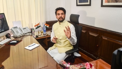 Anurag Thakur takes charge as the Minister of Information and Broadcasting, at his office in New Delhi. (PTI)