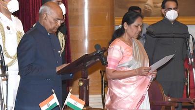 Shobha Karandlaje takes oath as Minister of State (MoS) during the swearing-in ceremony at Rashtrapati Bhavan, in New Delhi on July 7, 2021. (HT Photo)