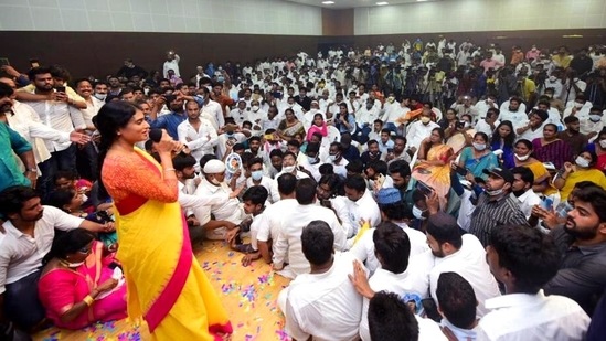 YS Sharmila addresses the party workers after launching the YSSR website at the party office, in Hyderabad. (ANI Photo)