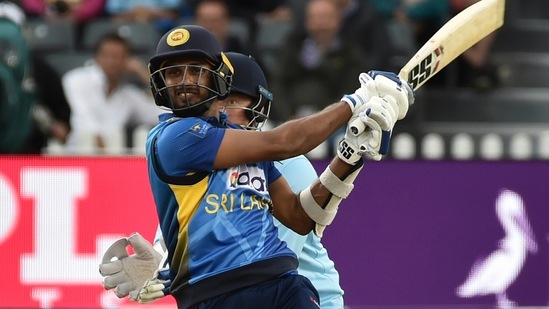 Dasun Shanaka plays a shot during the third one-day international cricket match between England and Sri Lanka.(AP)