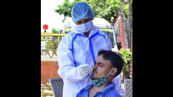 A health worker collecting swab samples near Civil Hospital in Ludhiana on Friday. (Harsimar Pal Singh/HT)