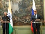 Russian foreign minister Sergey Lavrov and Union minister of external affairs Subrahmanyam Jaishankar enter a hall for a joint news conference following their talks in Moscow, Russia