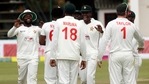 Zimbabwean cricket players celebrate the wicket of Bangladesh batsman Shakib Al Hasan.(AP) Zimbabwean cricket players celebrate the wicket of Bangladesh batsman Shakib Al Hasan.(AP)