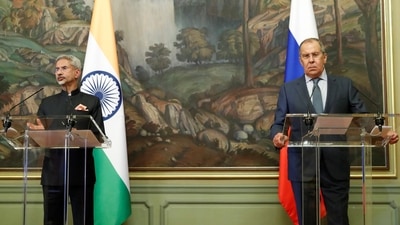 Russian foreign minister Sergey Lavrov and Union minister of external affairs Subrahmanyam Jaishankar enter a hall for a joint news conference following their talks in Moscow, Russia ( AP) Russian foreign minister Sergey Lavrov and Union minister of external affairs Subrahmanyam Jaishankar enter a hall for a joint news conference following their talks in Moscow, Russia ( AP)