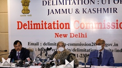 Delimitation commission members speak to the media, in Jammu on Friday. (ANI Photo)