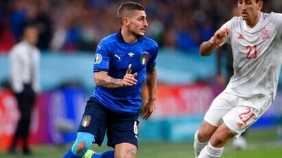 Italy's Marco Verratti, left, takes on Spain's Mikel Oyarzabal during the Euro 2020 semifinal match between Italy and Spain at Wembley stadium in London. (AP) Italy's Marco Verratti, left, takes on Spain's Mikel Oyarzabal during the Euro 2020 semifinal match between Italy and Spain at Wembley stadium in London. (AP)