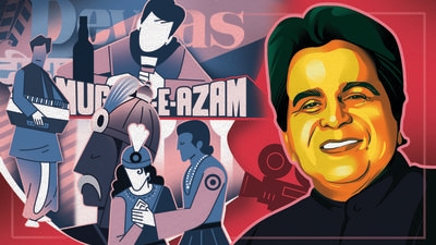 Modern India has grown up watching Dilip Kumar’s masterful performances in films like Devdas, Mughal-E-Azam, Sagina Mahato and Ganga Jumna in awe. (Illustration: Gajanan Nirphale) Modern India has grown up watching Dilip Kumar’s masterful performances in films like Devdas, Mughal-E-Azam, Sagina Mahato and Ganga Jumna in awe. (Illustration: Gajanan Nirphale)