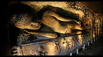 Sleeping Buddha statue, Ajanta caves. (Shutterstock) Sleeping Buddha statue, Ajanta caves. (Shutterstock)