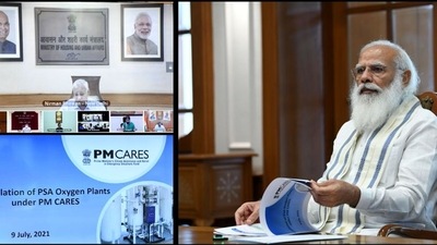 Prime Minister Narendra Modi at the high-level meet over oxygen availability. (Photo via Twitter)
