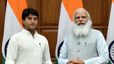 Civil aviation minister Jyotiraditya Scindia with PM Modi. (HT PRINT) Civil aviation minister Jyotiraditya Scindia with PM Modi. (HT PRINT)