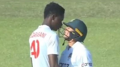 Zimbabwe paceman Blessing Muzarabani and Bangladesh's Taskin Ahmed in a face off during the one-off Test match. (Twitter/Screenshot)