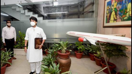 Union civil aviation minister Jyotiraditya Scindia while assuming office, in New Delhi on Friday, July 9. (PTI)