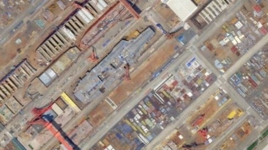 Chinese aircraft carrier Type 003 under construction at Jiangnan shipyard on the mouth of Yangzi river. (Photo: Planet Labs)
